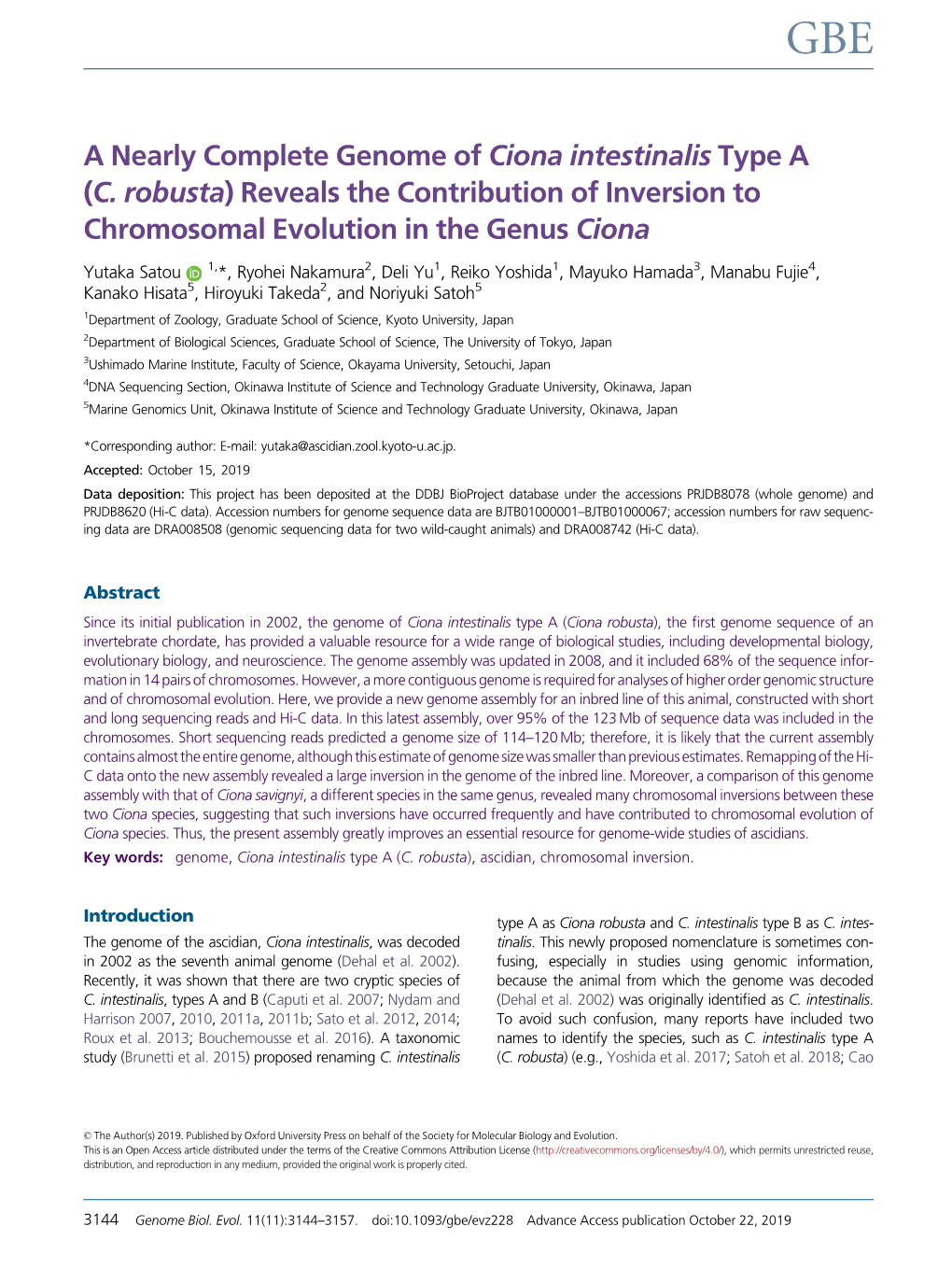 A Nearly Complete Genome of Ciona Intestinalis Type a (C