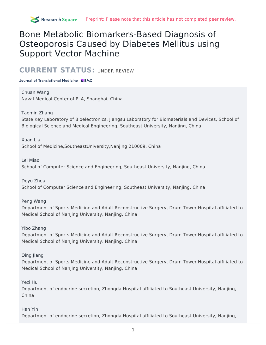 Bone Metabolic Biomarkers-Based Diagnosis of Osteoporosis Caused by Diabetes Mellitus Using Support Vector Machine