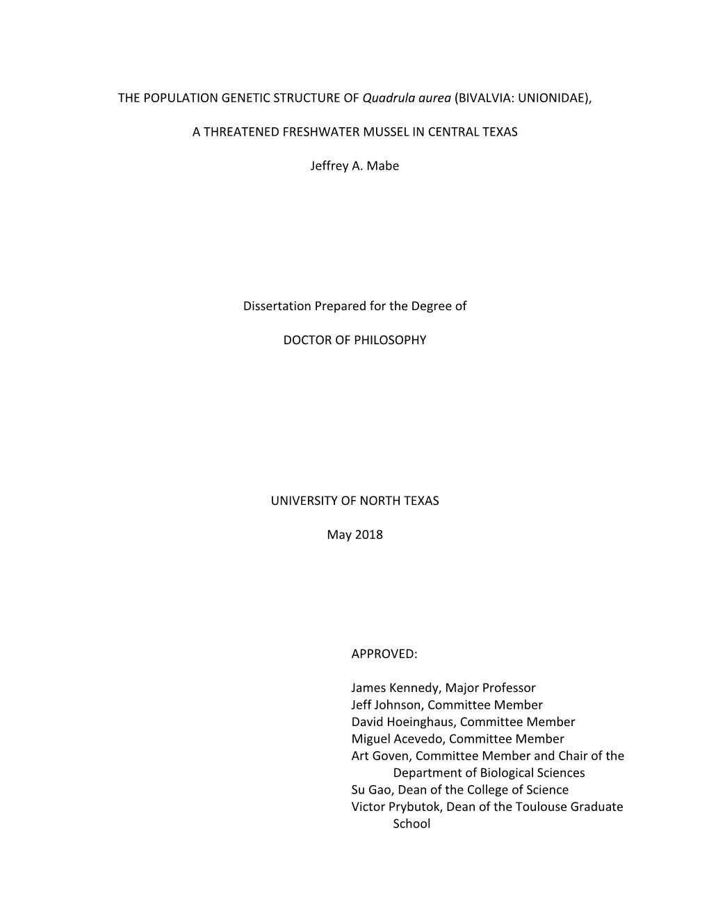 The Population Genetic Structure of Quadrula Aurea (Bivalvia: Unionidae), a Threatened Freshwater Mussel in Central Texas