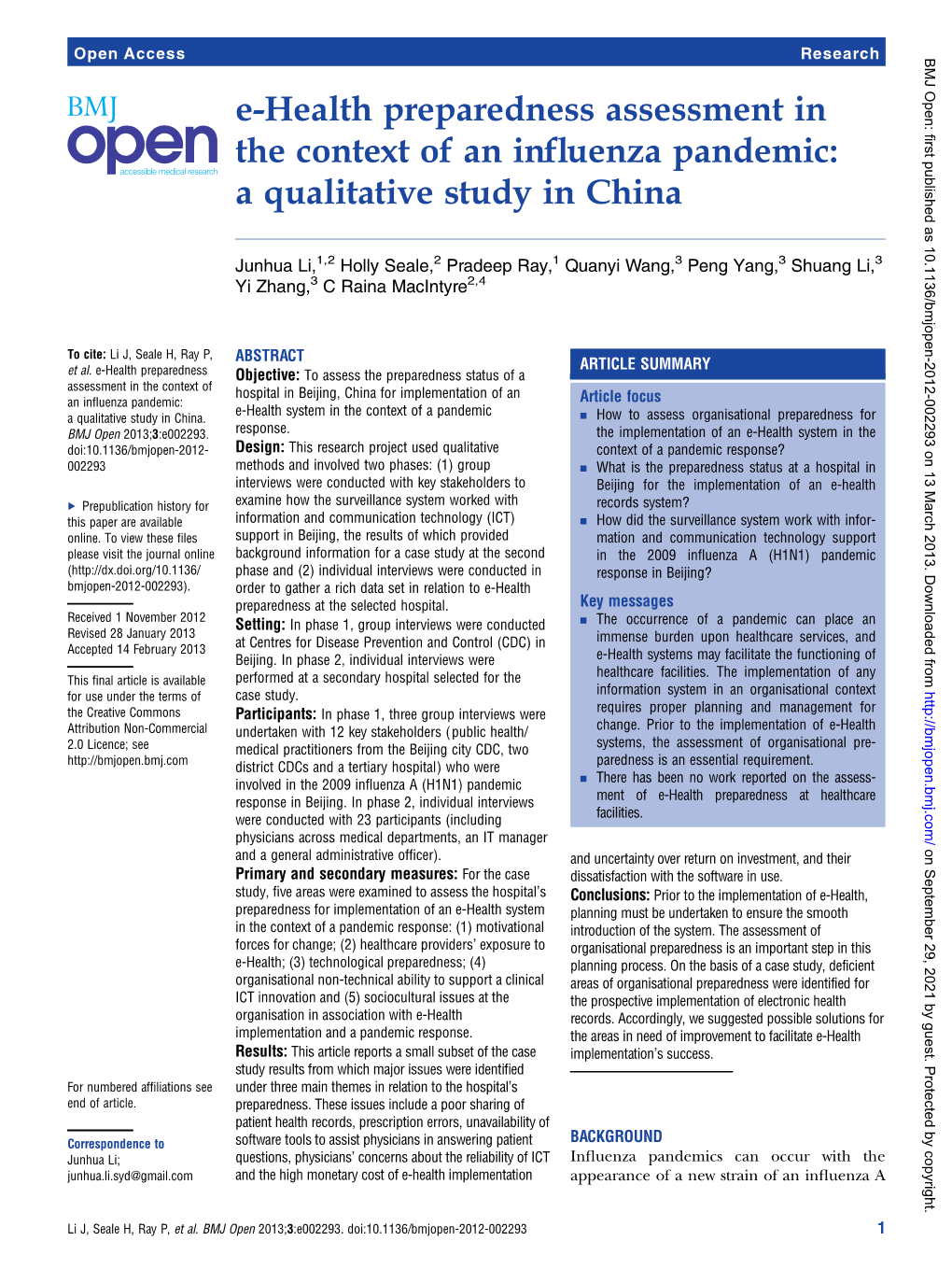 E-Health Preparedness Assessment in the Context of an Influenza Pandemic