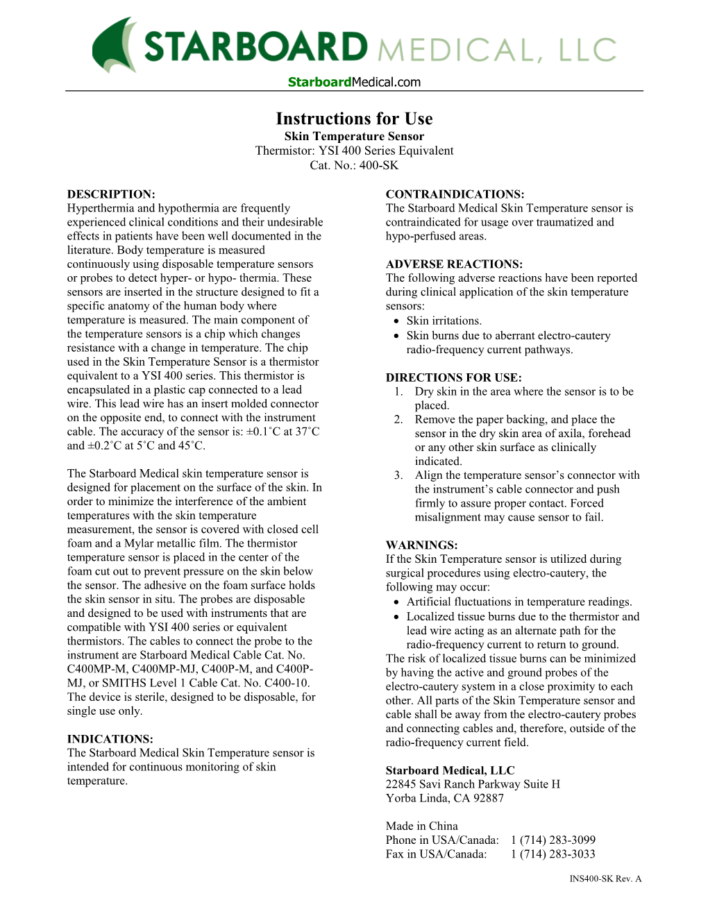 Instructions for Use: Skin Temperature Sensor