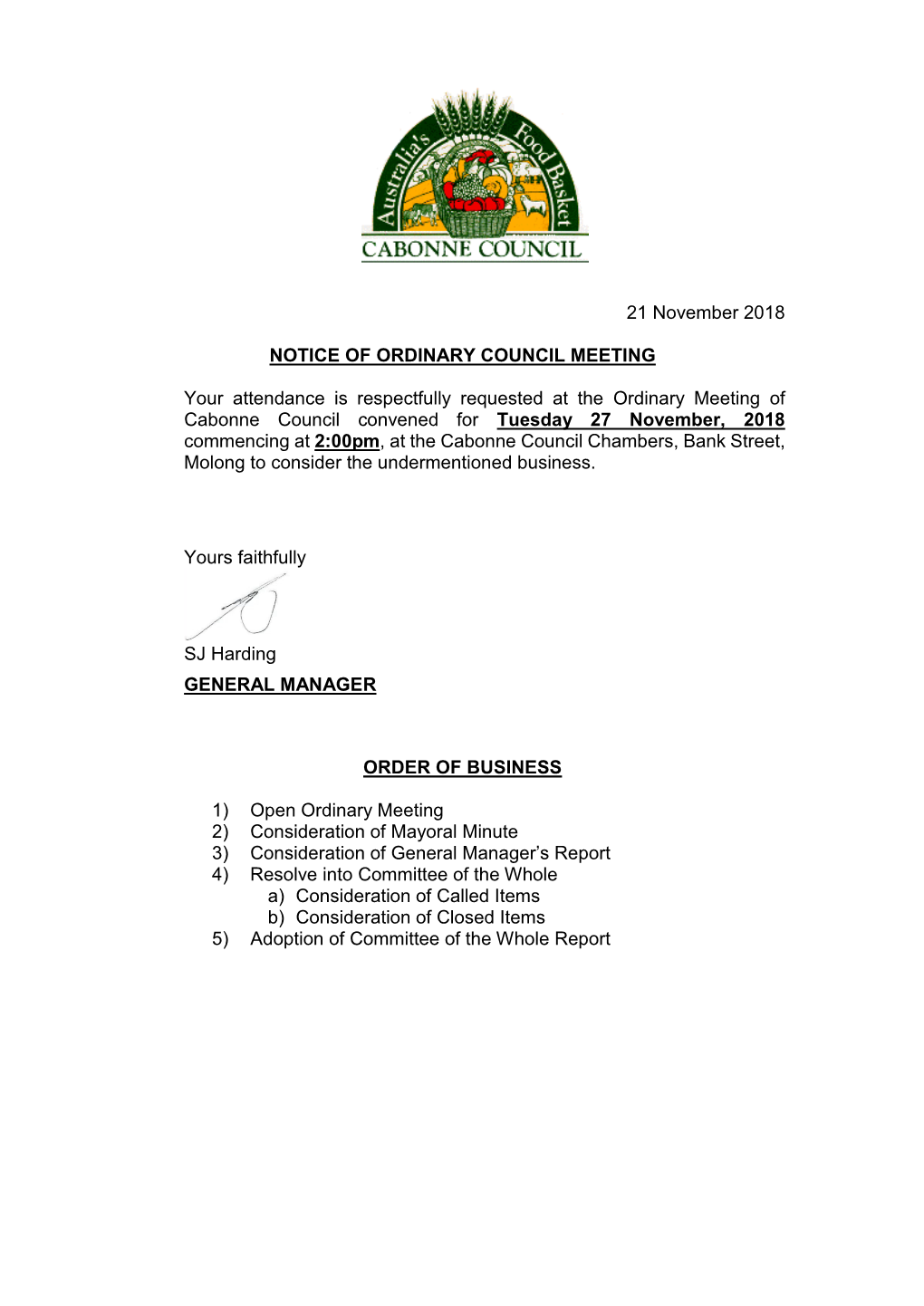 Agenda of Ordinary Meeting