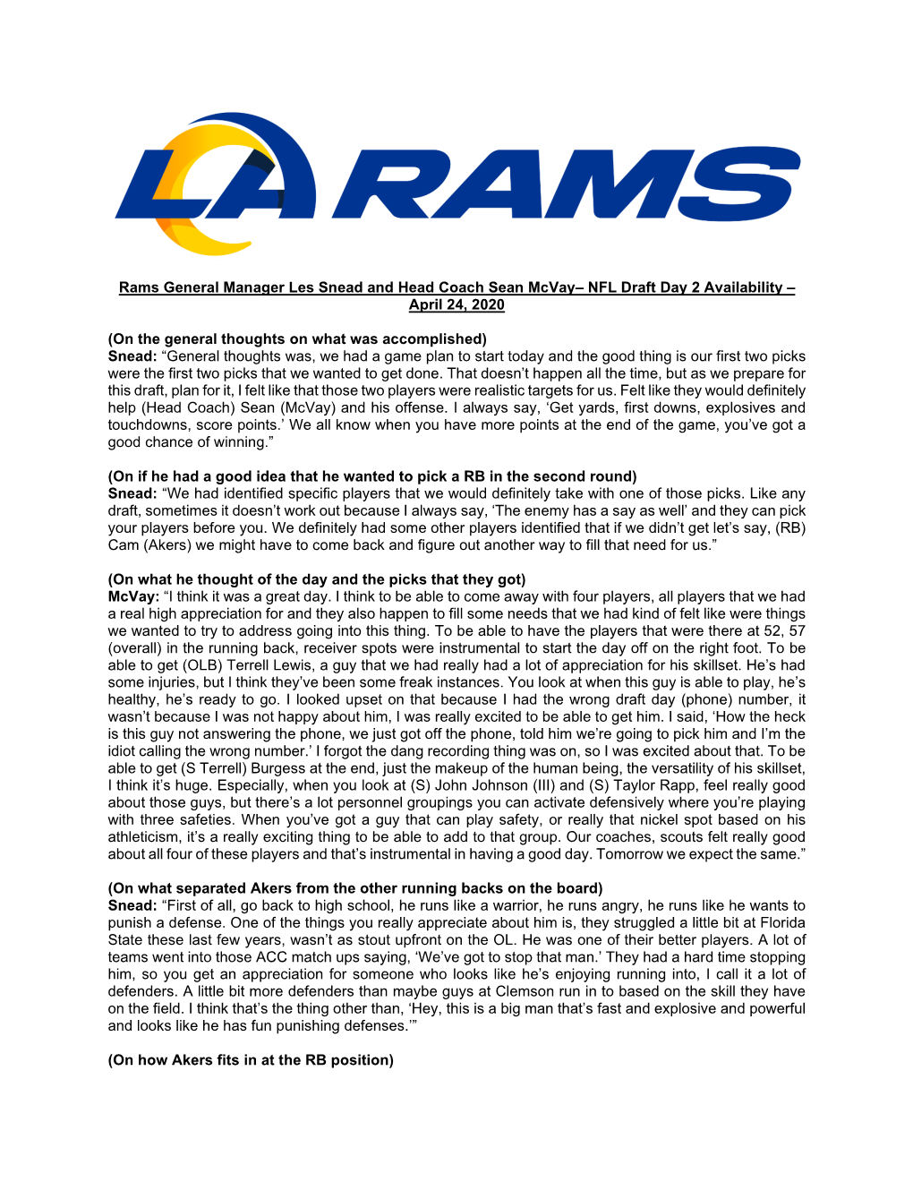 Rams General Manager Les Snead and Head Coach Sean Mcvay– NFL Draft Day 2 Availability – April 24, 2020 (On the General Thou