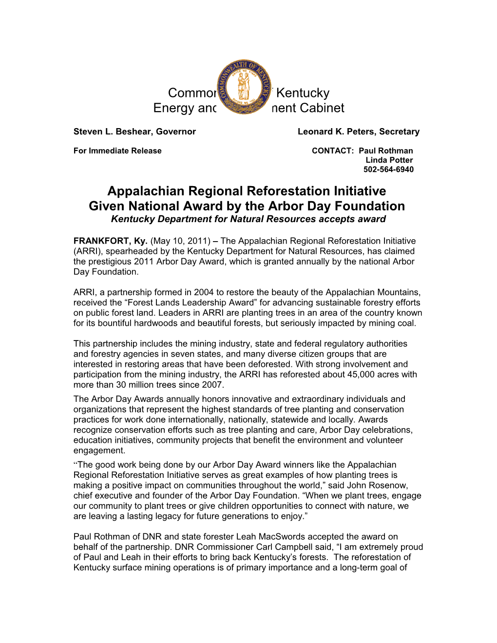 Appalachian Regional Reforestation Initiative Given National Award