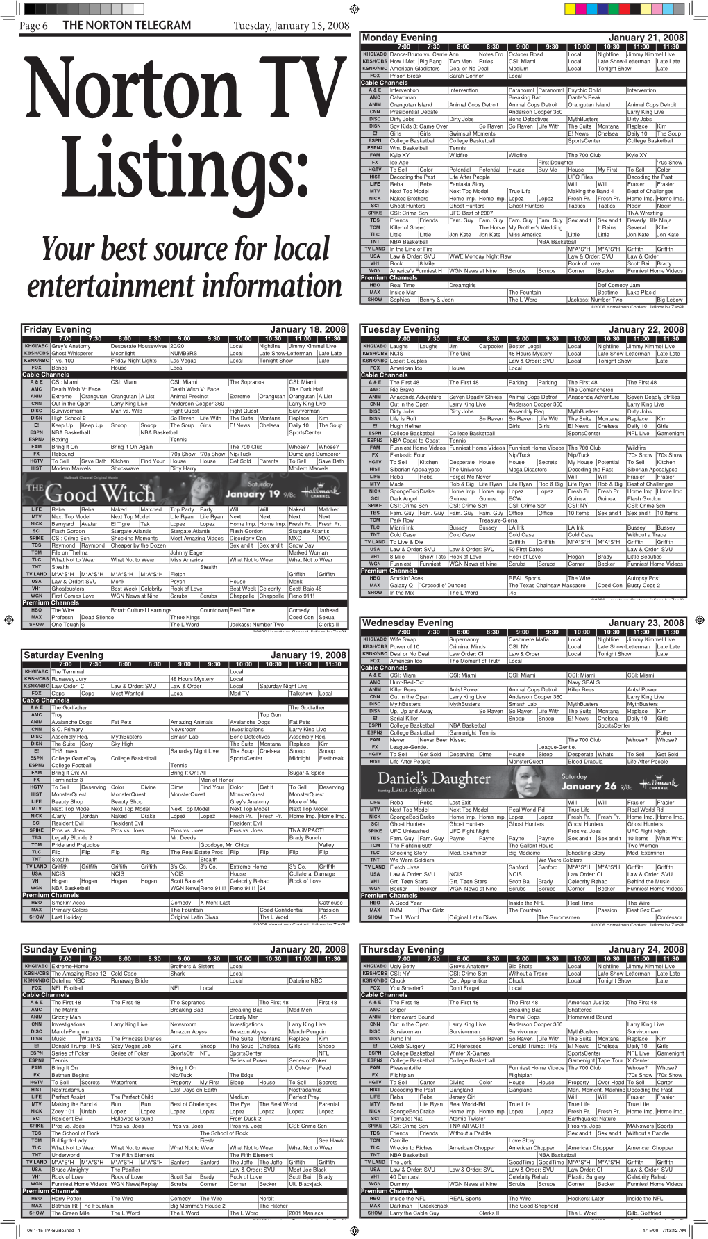 06 1-15 TV Guide.Indd 1 1/15/08 7:13:12 AM