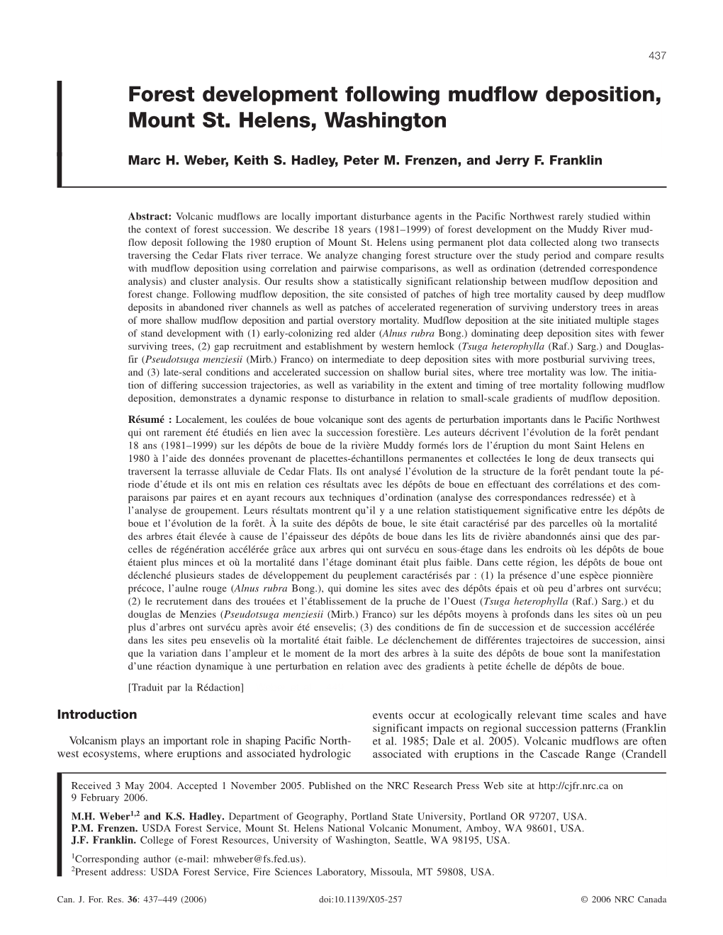 Forest Development Following Mudflow Deposition, Mount St. Helens, Washington