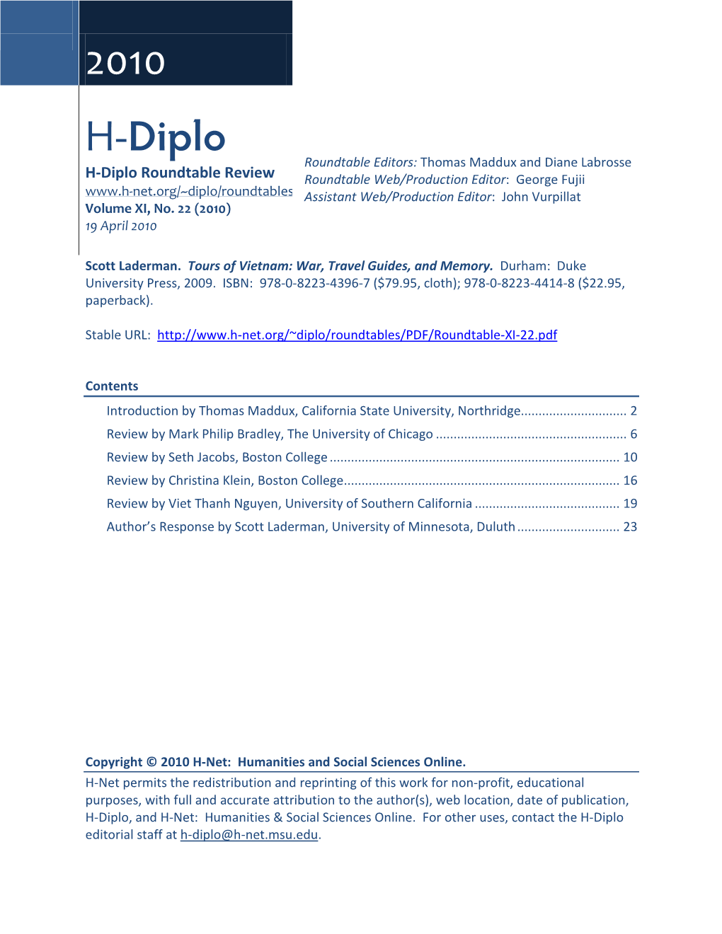 H-Diplo Roundtable, Vol. XI, No. 19 (2010)