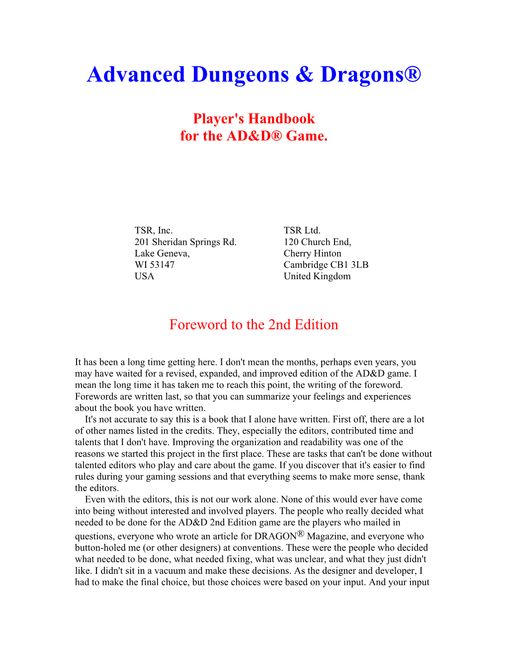 Advanced Dungeons & Dragons® Player's Handbook for the AD&D