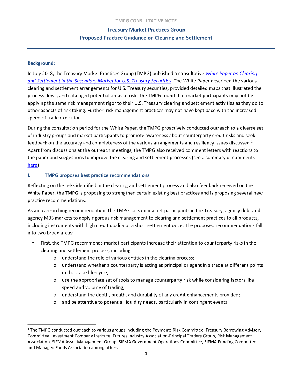 Treasury Market Practices Group Proposed Practice Guidance on Clearing and Settlement