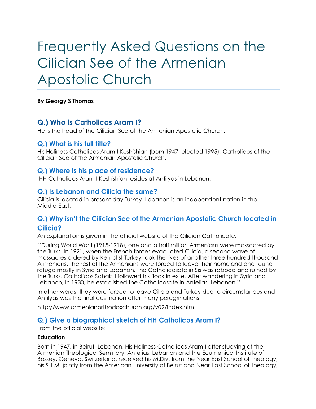 Frequently Asked Questions on the Cilician See of the Armenian Apostolic Church