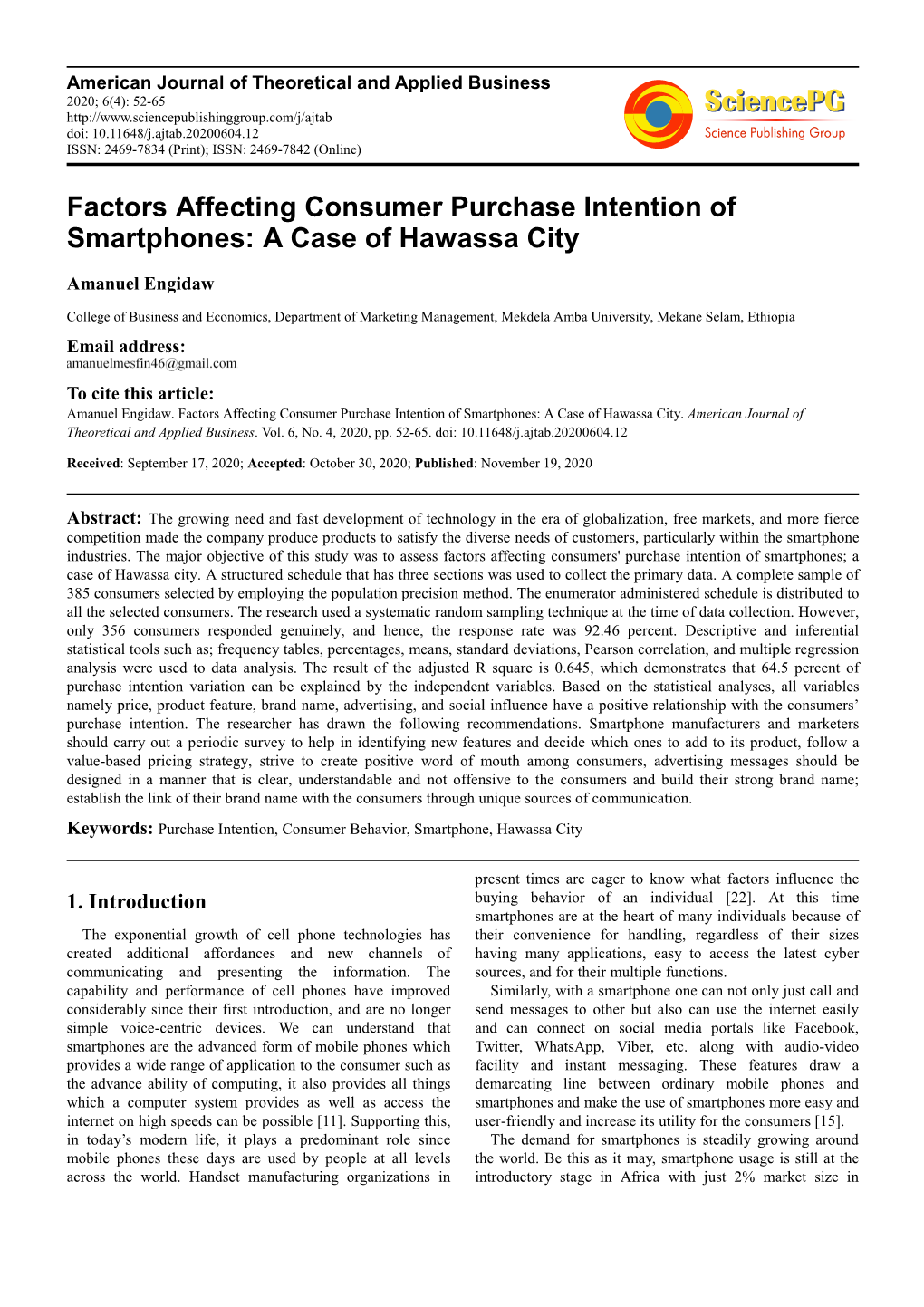 Factors Affecting Consumer Purchase Intention of Smartphones: a Case of Hawassa City