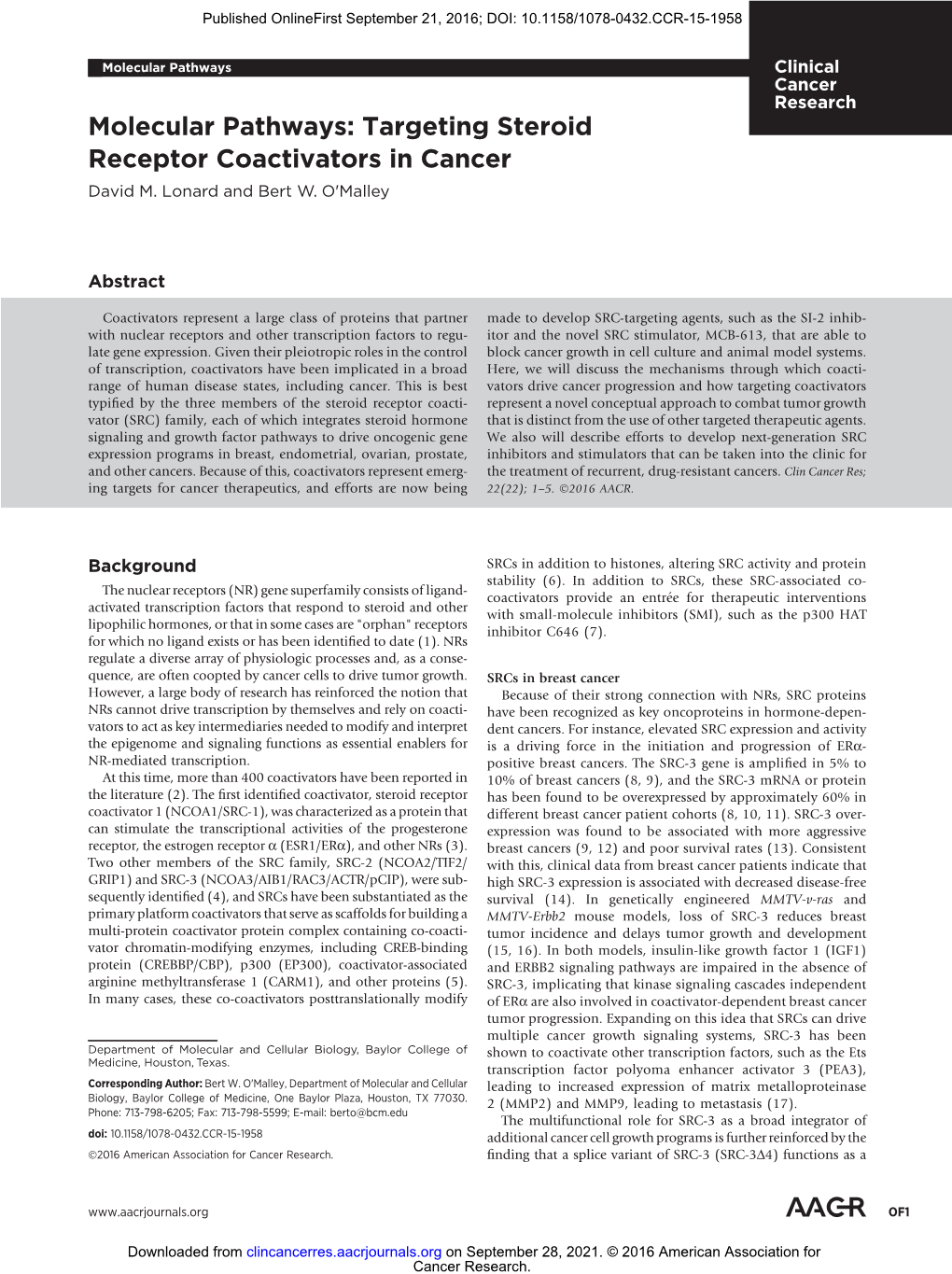 Targeting Steroid Receptor Coactivators in Cancer David M