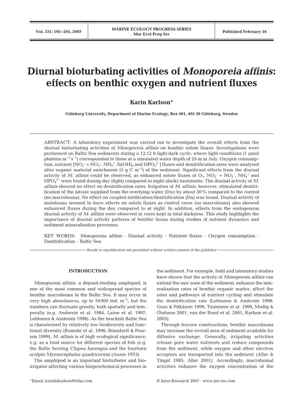 Diurnal Bioturbating Activities of Monoporeia Affinis: Effects on Benthic Oxygen and Nutrient Fluxes