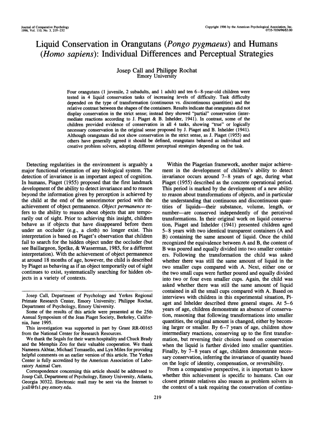 Liquid Conservation in Orangutans (Pongo Pygmaeus) and Humans (Homo Sapiens): Individual Differences and Perceptual Strategies