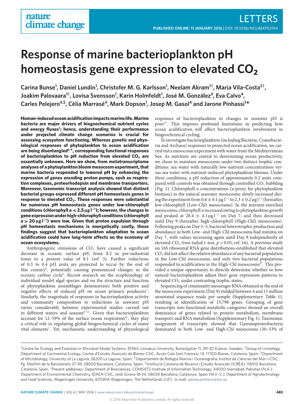Response of Marine Bacterioplankton Ph Homeostasis Gene Expression to Elevated CO2