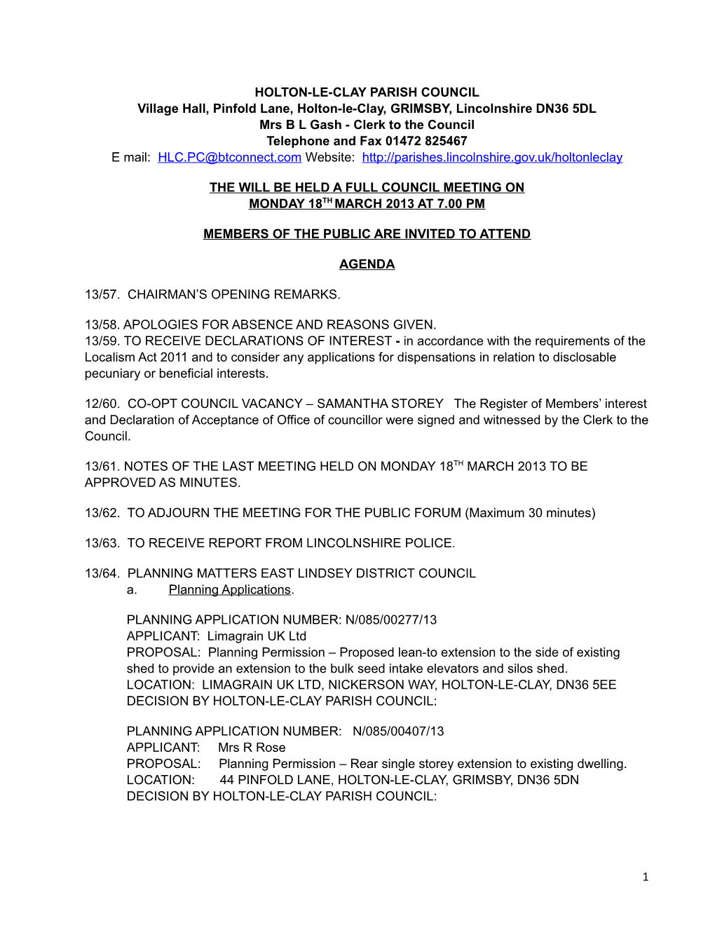 Holton Le Clay Parish Council Full Meeting to Be Held on Monday 15Th September 2008 Council s2