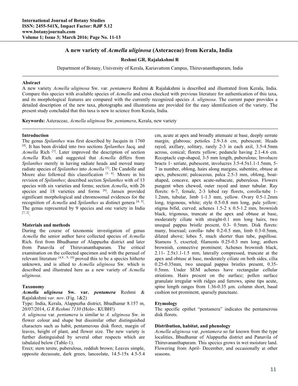 11 a New Variety of Acmella Uliginosa (Asteraceae) from Kerala, India