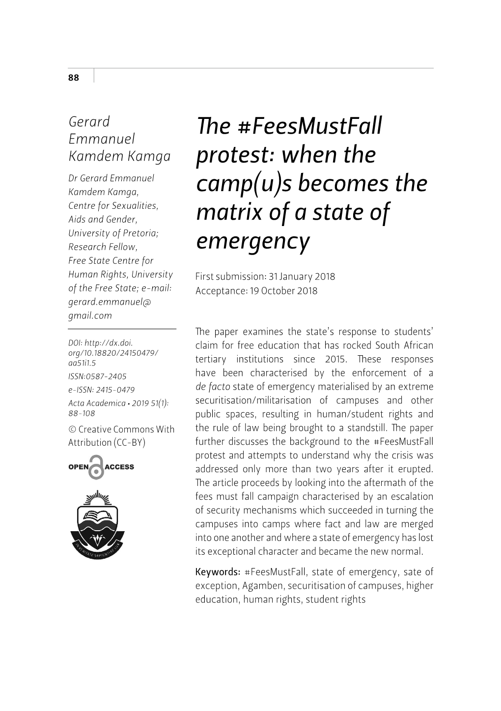 The #Feesmustfall Protest: When the Camp(U)S Becomes the Matrix of a State of Emergency