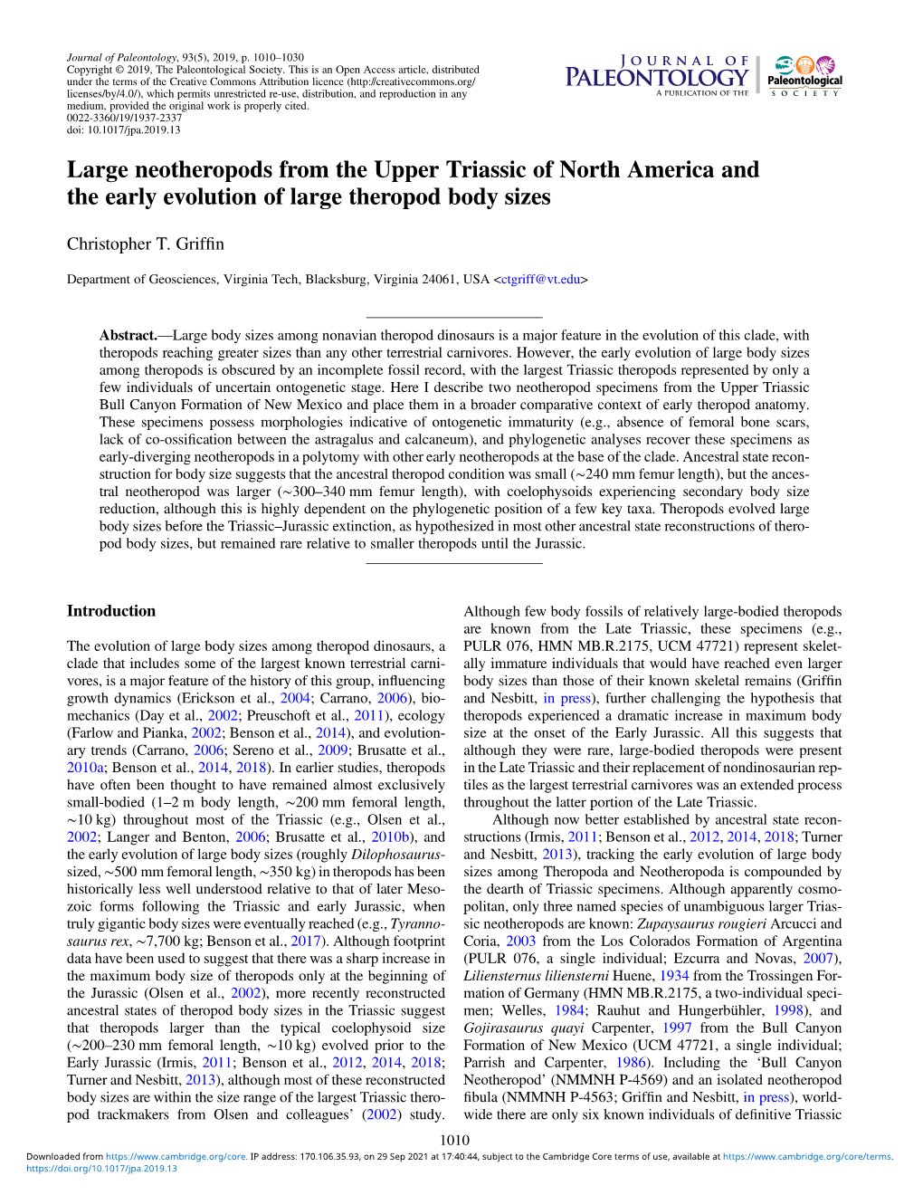 Large Neotheropods from the Upper Triassic of North America and the Early Evolution of Large Theropod Body Sizes