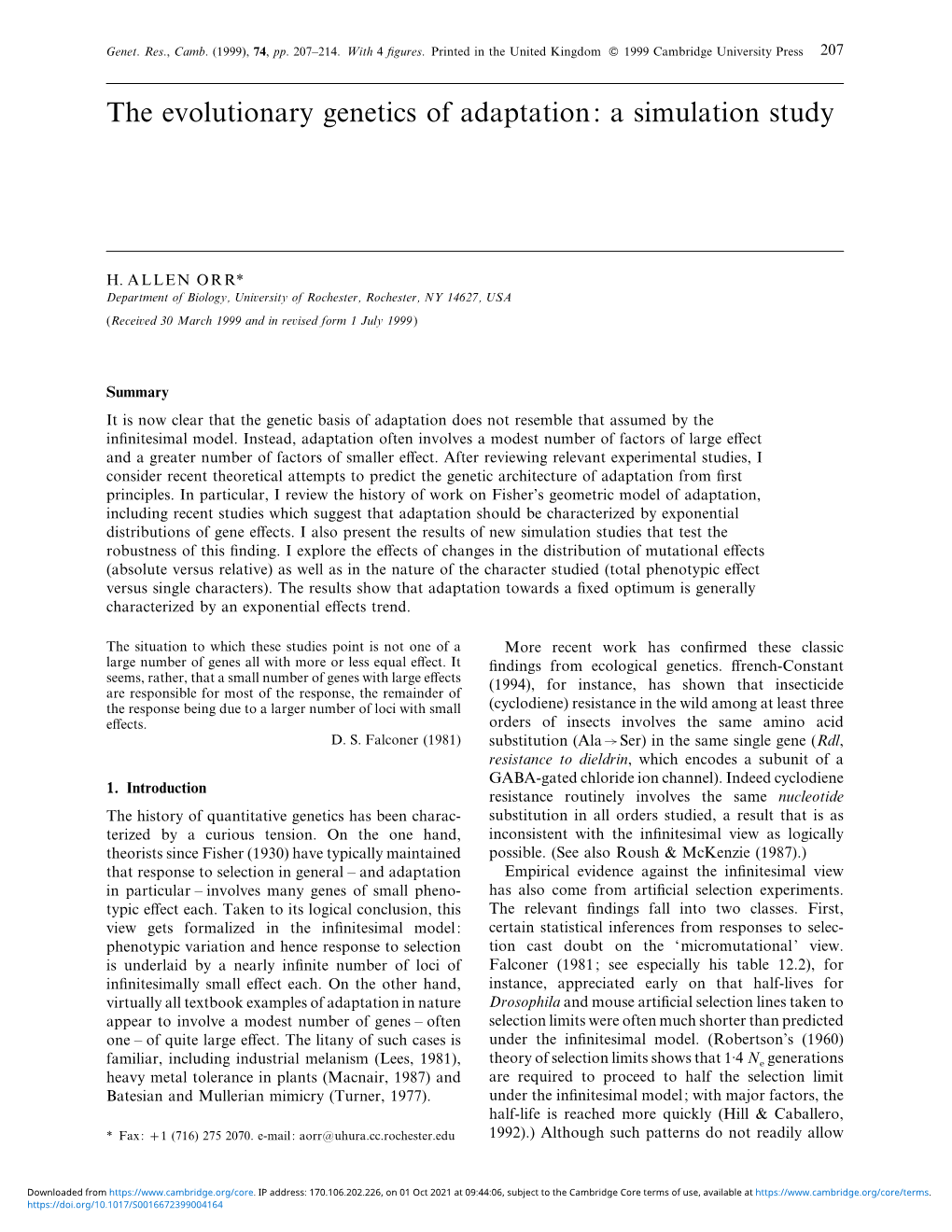 The Evolutionary Genetics of Adaptation: a Simulation Study