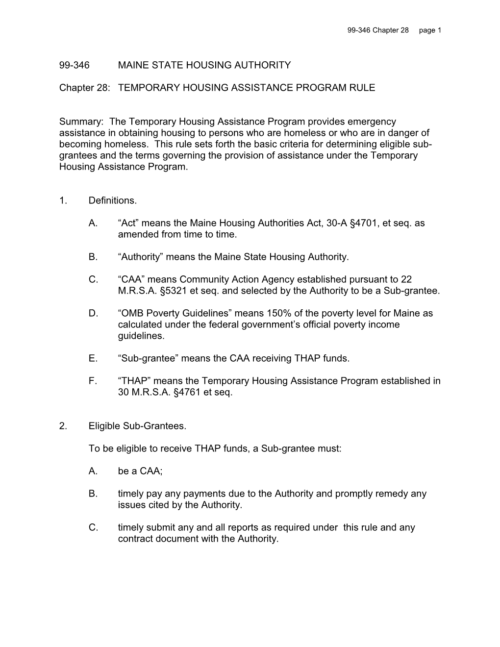 Chapter 28: Temporary Housing Assistance Program Rule