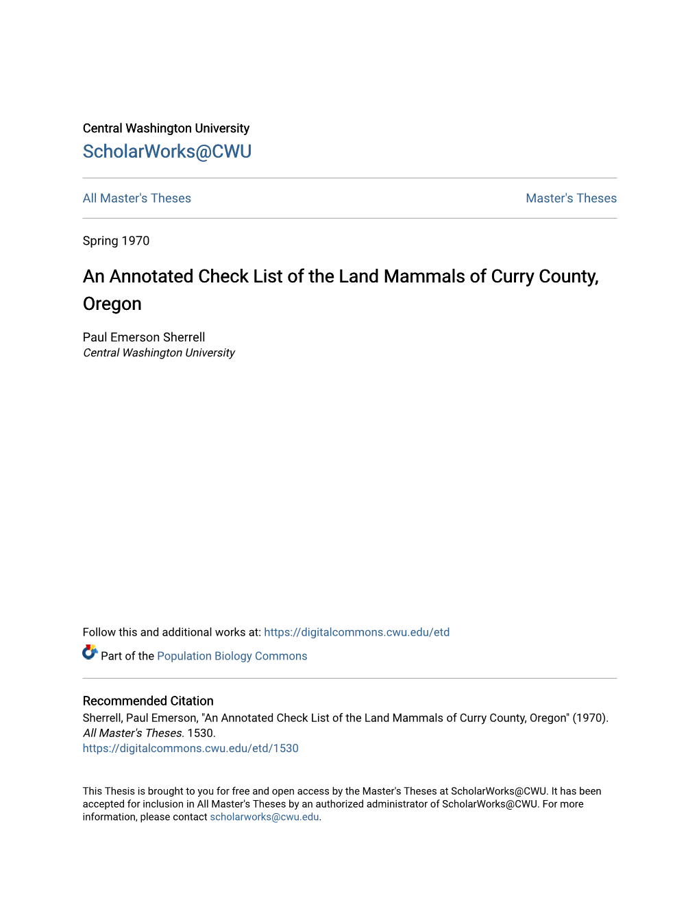 An Annotated Check List of the Land Mammals of Curry County, Oregon