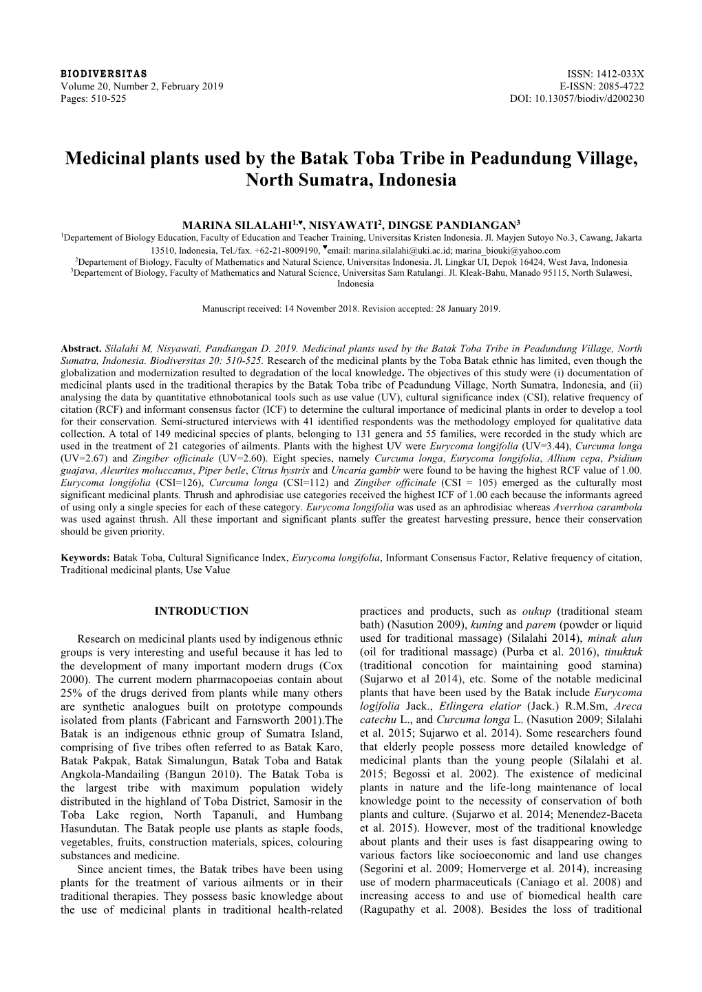 Medicinal Plants Used by the Batak Toba Tribe in Peadundung Village, North Sumatra, Indonesia