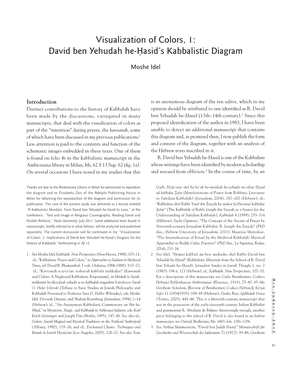 Visualization of Colors, 1: David Ben Yehudah He-Ḥasid's Kabbalistic