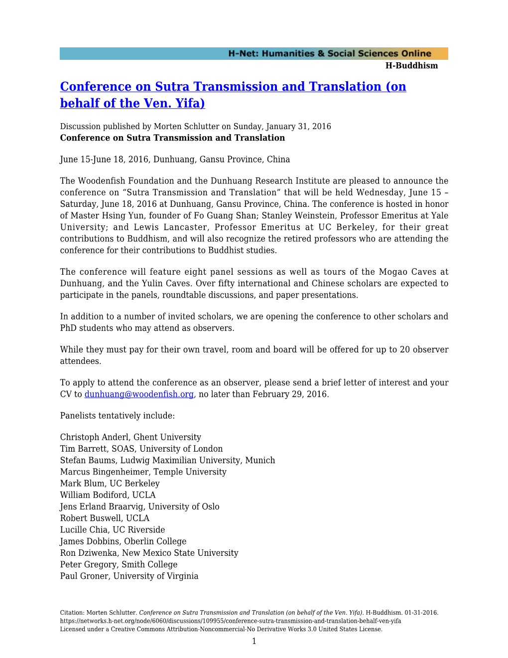 Conference on Sutra Transmission and Translation (On Behalf of the Ven. Yifa)