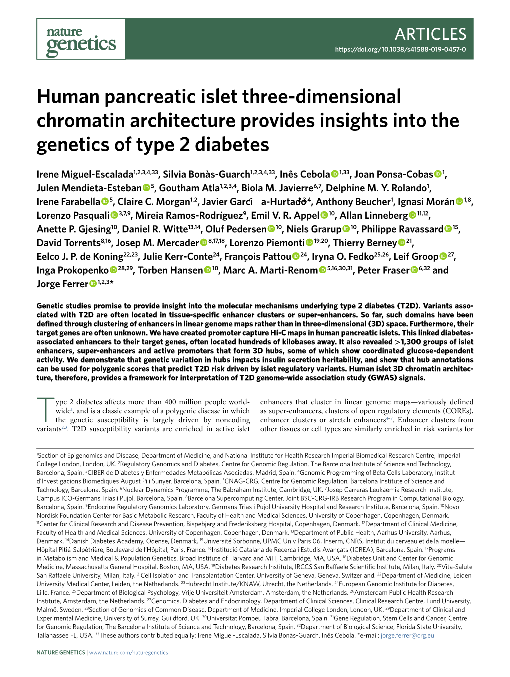 Human Pancreatic Islet Three-Dimensional Chromatin Architecture Provides Insights Into the Genetics of Type 2 Diabetes