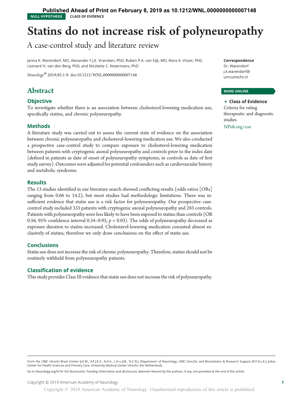 Statins Do Not Increase Risk of Polyneuropathy a Case-Control Study and Literature Review