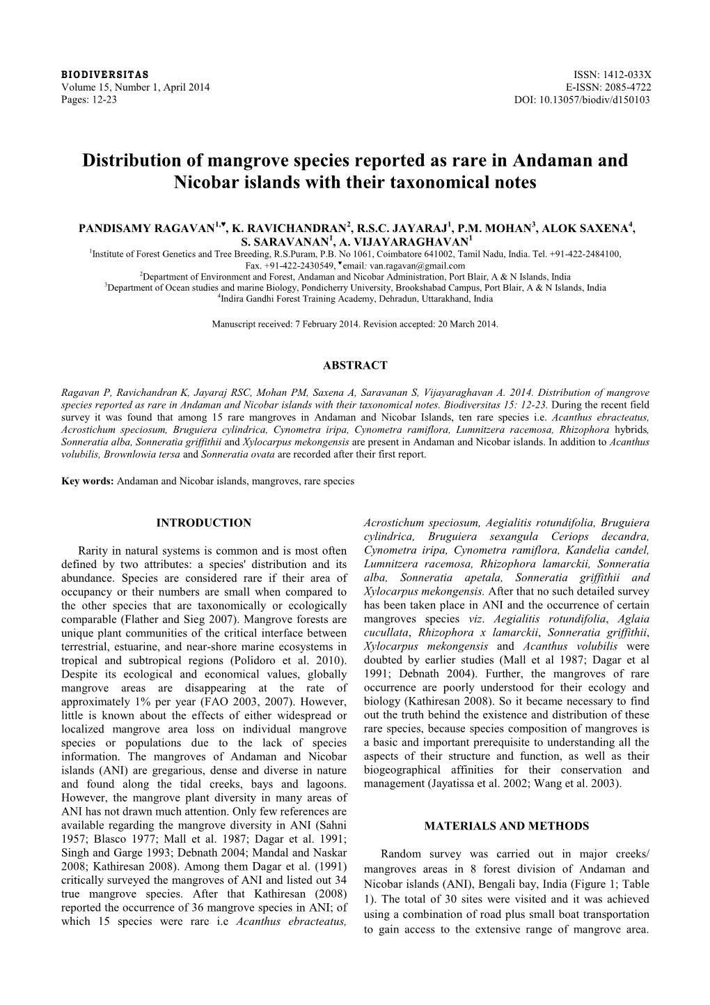 Distribution of Mangrove Species Reported As Rare in Andaman and Nicobar Islands with Their Taxonomical Notes