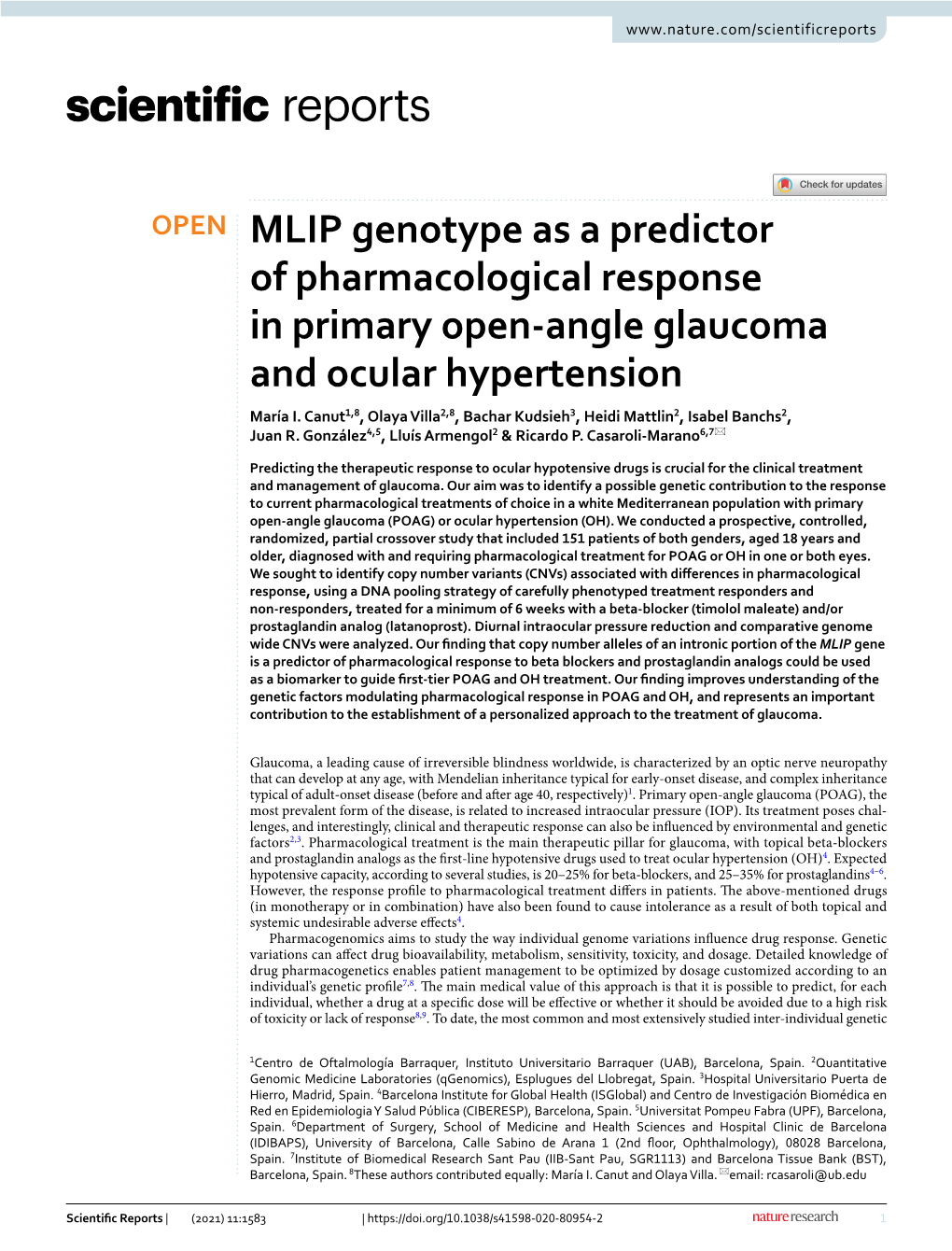 MLIP Genotype As a Predictor of Pharmacological Response in Primary Open‑Angle Glaucoma and Ocular Hypertension María I
