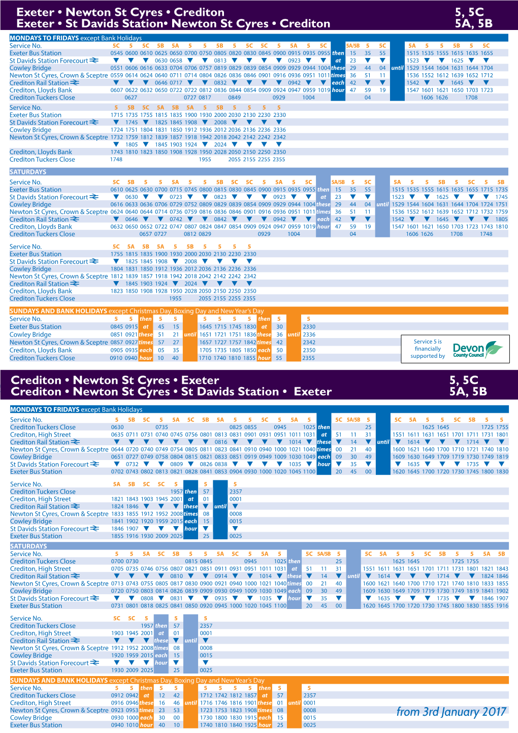 Summary of Buses Between Crediton & Exeter from 3Rd January 2017