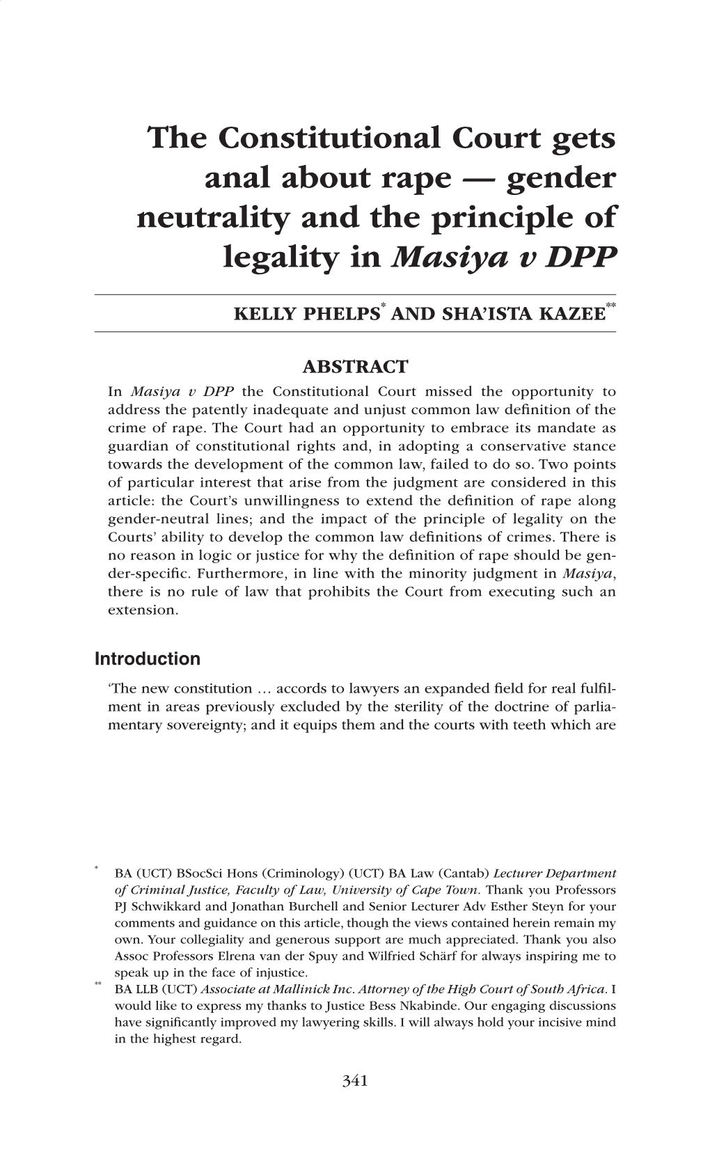 The Constitutional Court Gets Anal About Rape — Gender Neutrality and the Principle of Legality in Masiya V DPP