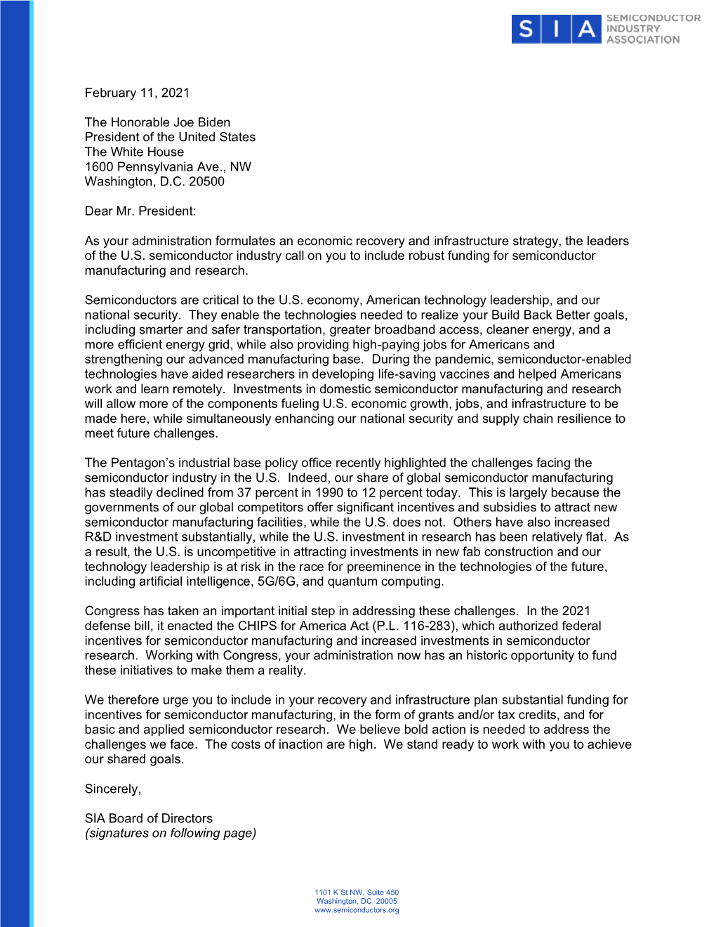 February 11, 2021 the Honorable Joe Biden President of the United States the White House 1600 Pennsylvania Ave., NW Washington