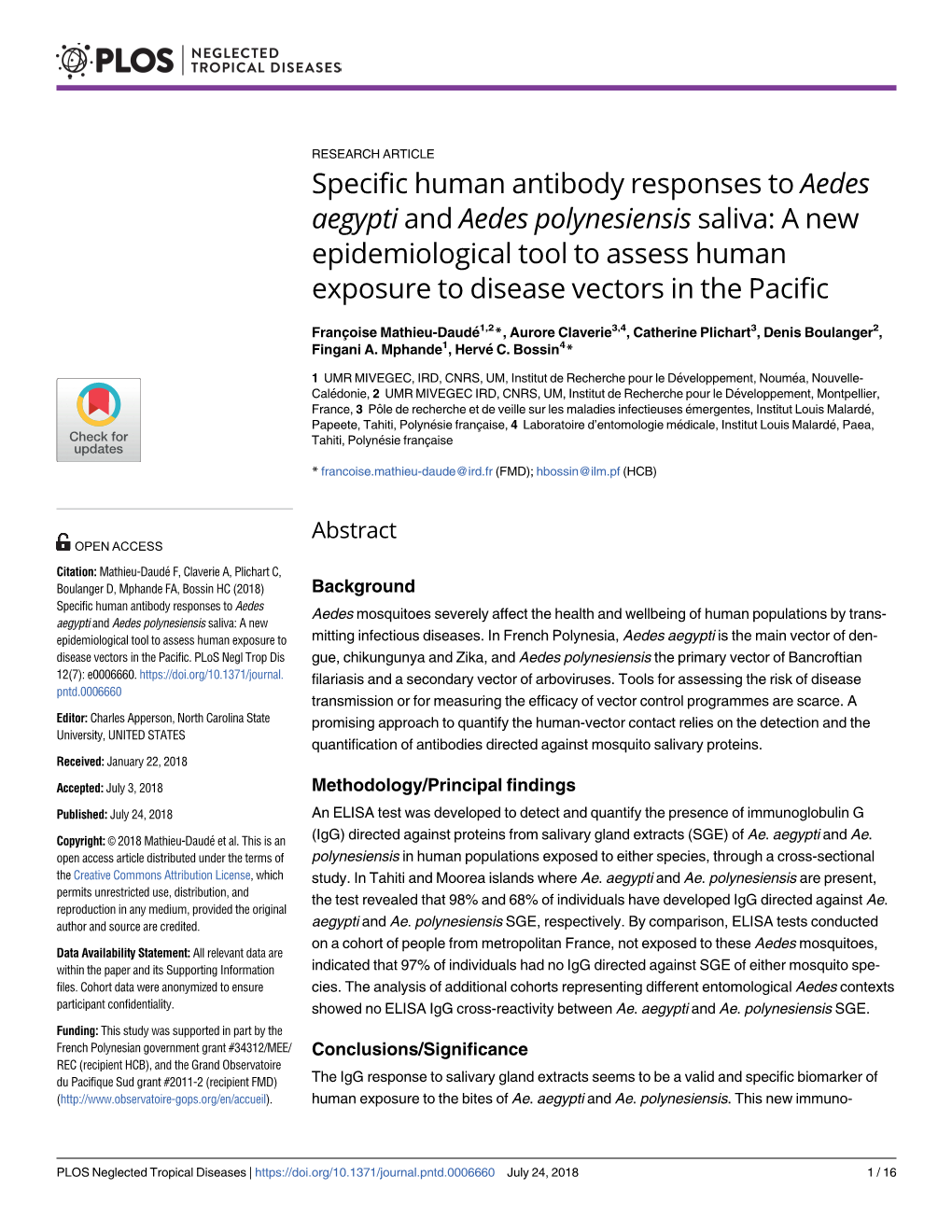 Aedes Polynesiensis Saliva: a New Epidemiological Tool to Assess Human Exposure to Disease Vectors in the Pacific