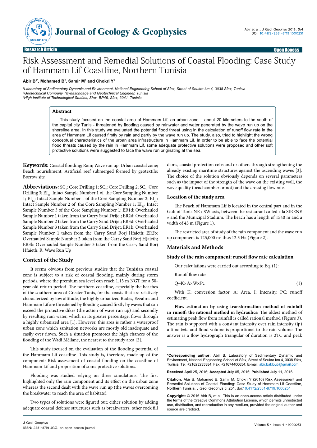 Risk Assessment and Remedial Solutions of Coastal Flooding: Case Study of Hammam Lif Coastline, Northern Tunisia