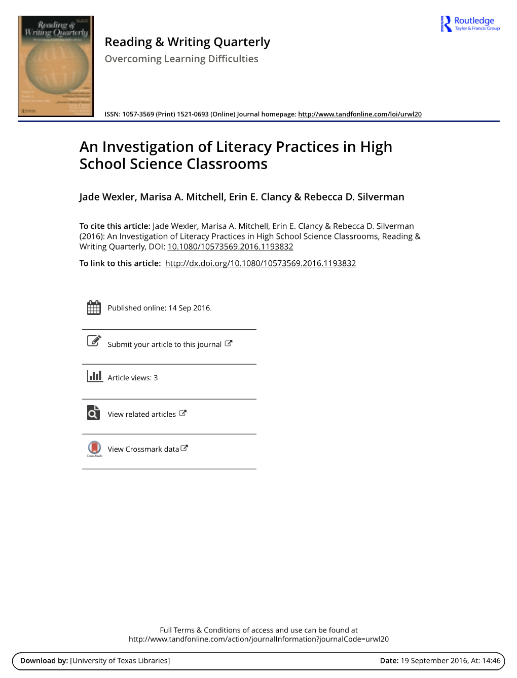 An Investigation of Literacy Practices in High School Science Classrooms