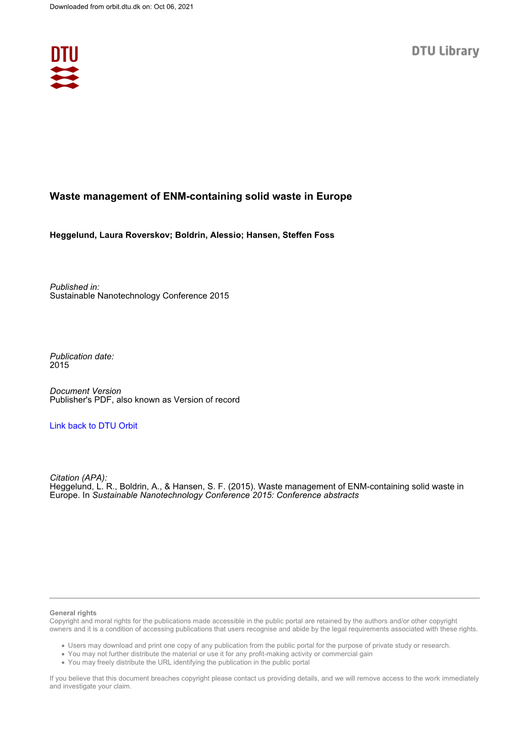 Waste Management of ENM-Containing Solid Waste in Europe