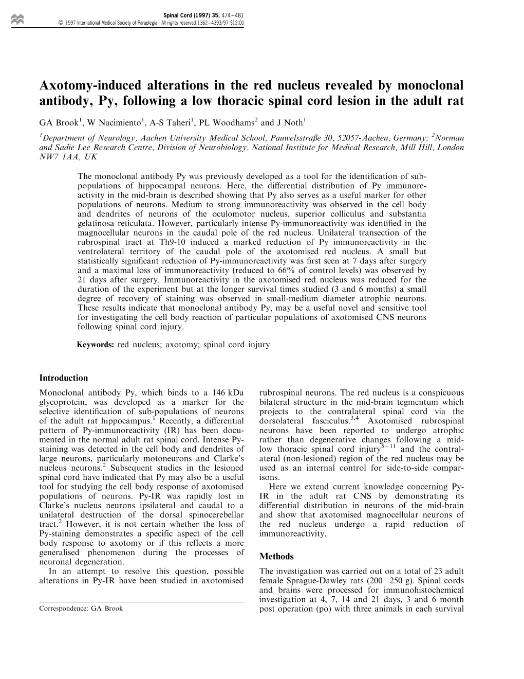 Axotomy-Induced Alterations in the Red Nucleus Revealed by Monoclonal Antibody, Py, Following a Low Thoracic Spinal Cord Lesion in the Adult Rat