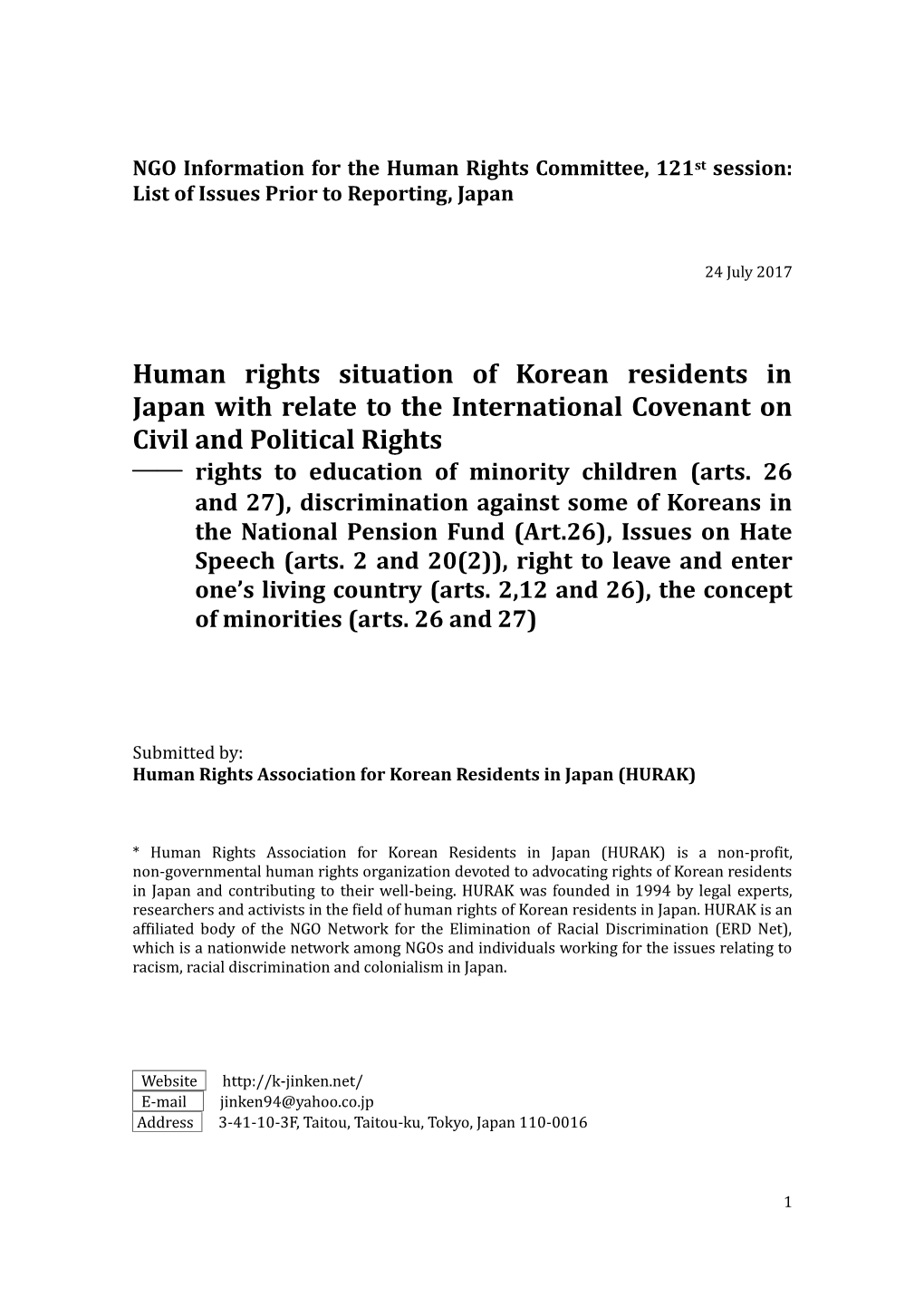 Human Rights Situation of Korean Residents in Japan with Relate to the International Covenant on Civil and Political Rights