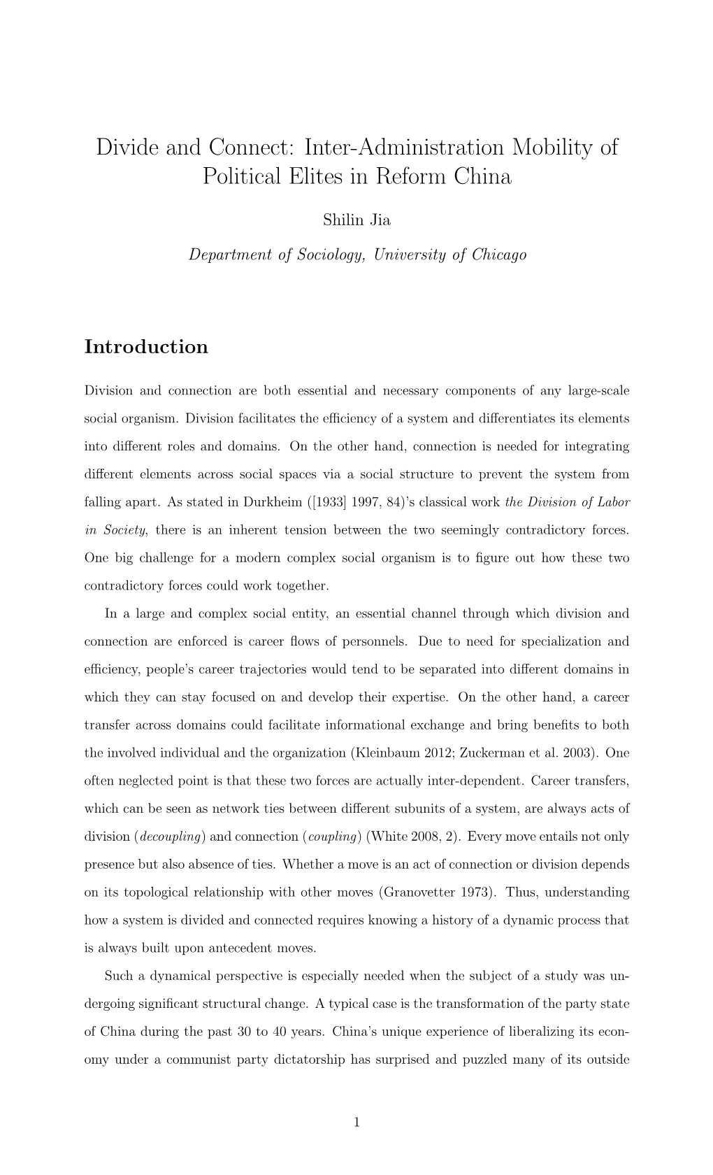 Divide and Connect: Inter-Administration Mobility of Political Elites in Reform China