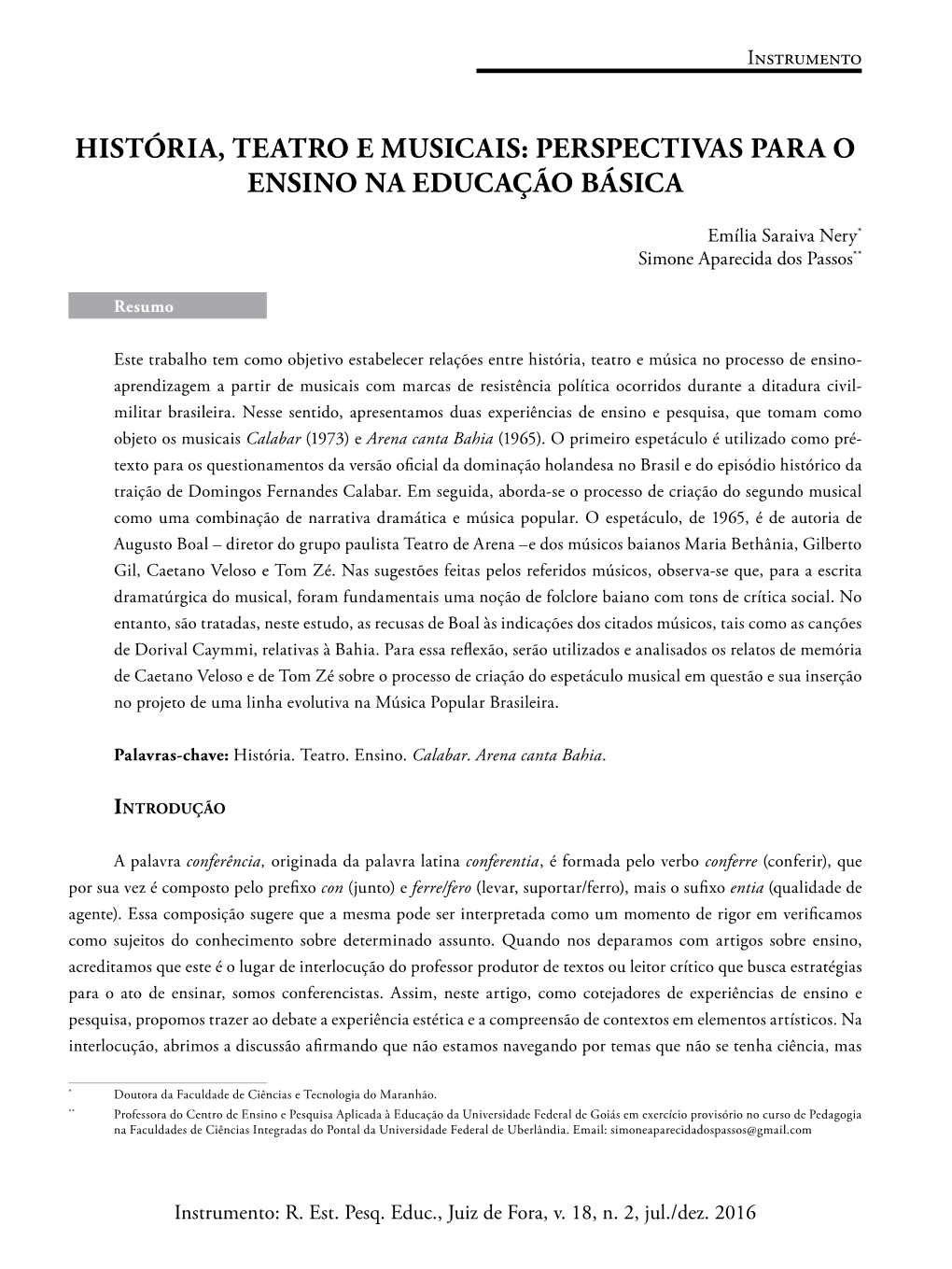 História, Teatro E Musicais: Perspectivas Para O Ensino Na Educação Básica