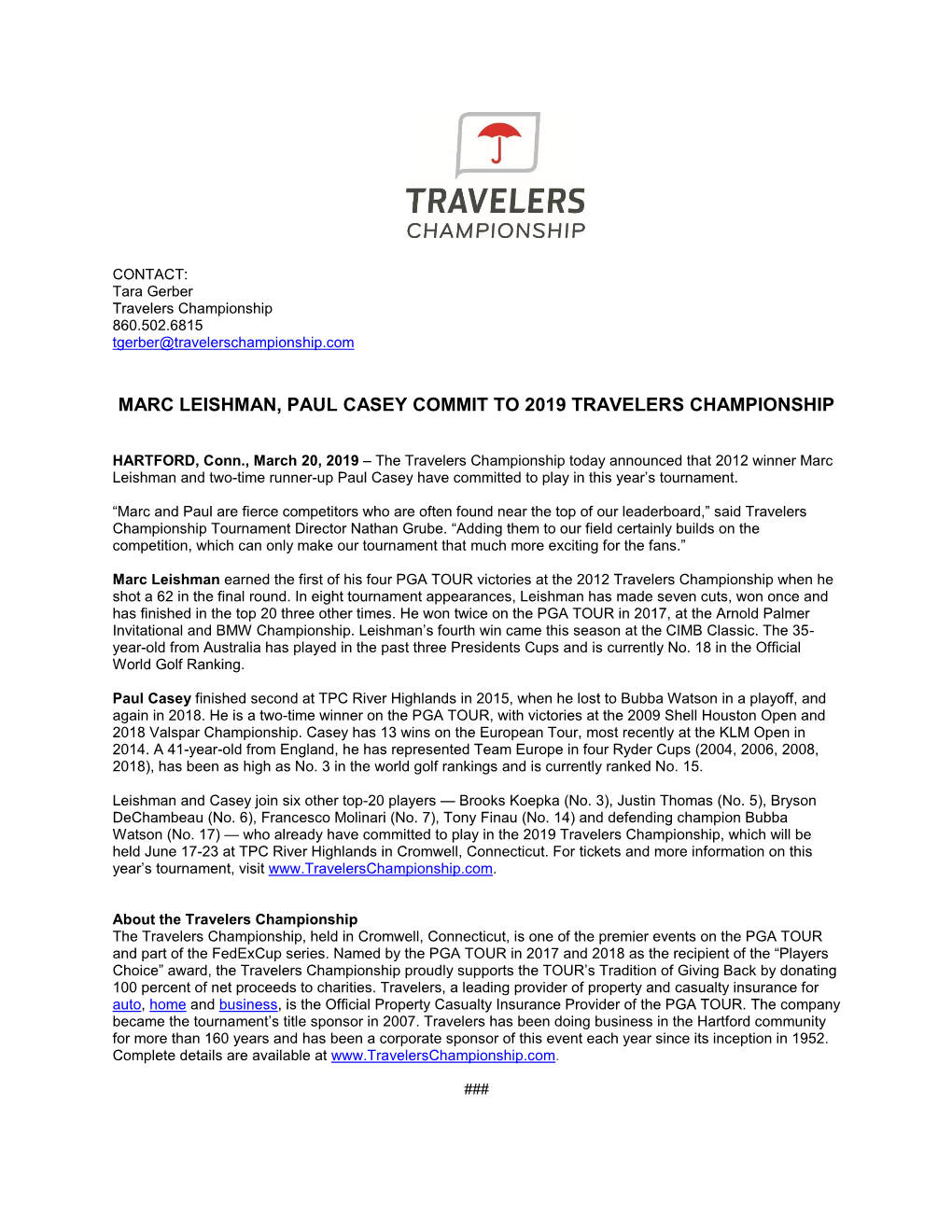 Marc Leishman, Paul Casey Commit to 2019 Travelers Championship