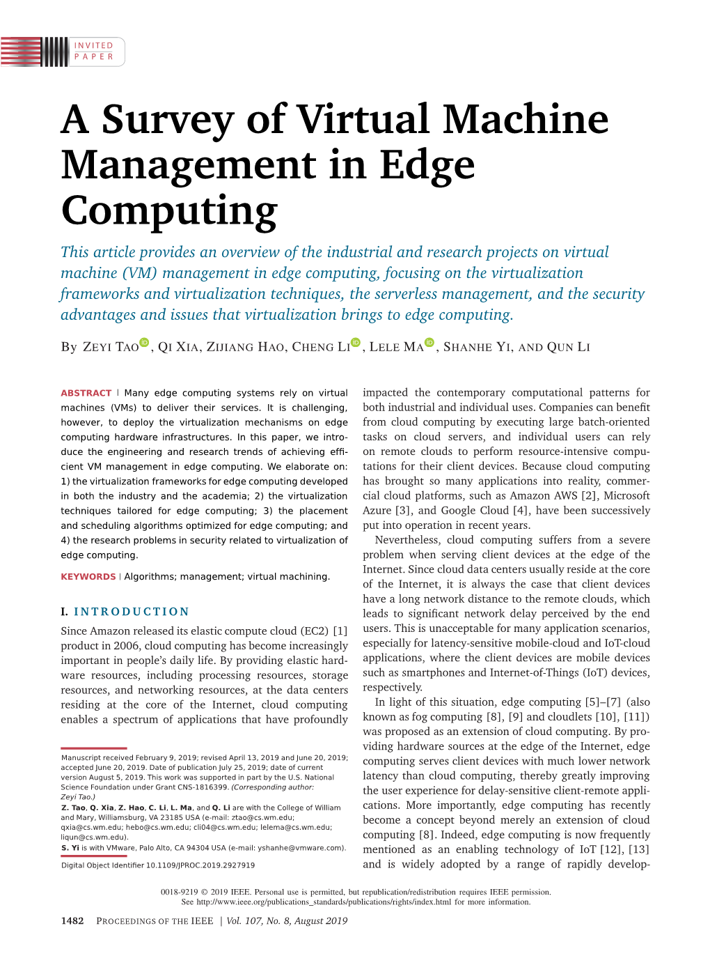 A Survey of Virtual Machine Management in Edge Computing