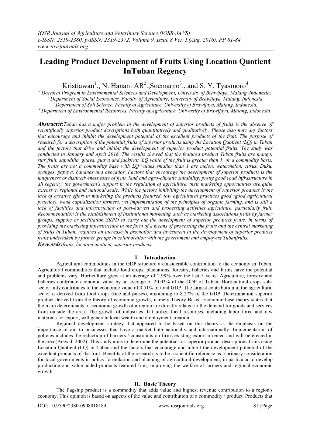 Leading Product Development of Fruits Using Location Quotient Intuban Regency