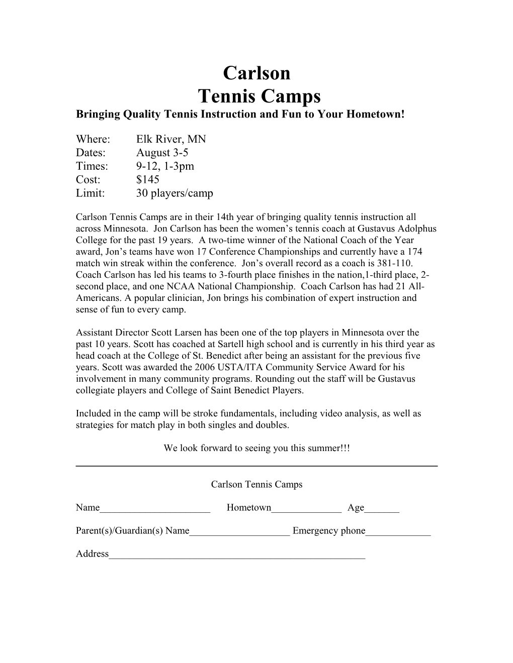 Carlson Tennis Camps