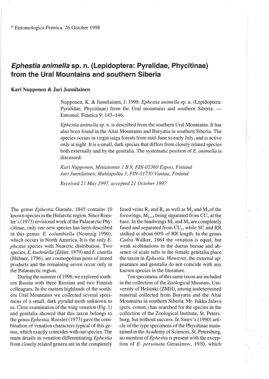 (Lepidoptera: Pyralidae, Phycitinae) from the Ural Mountains and Southern Siberia