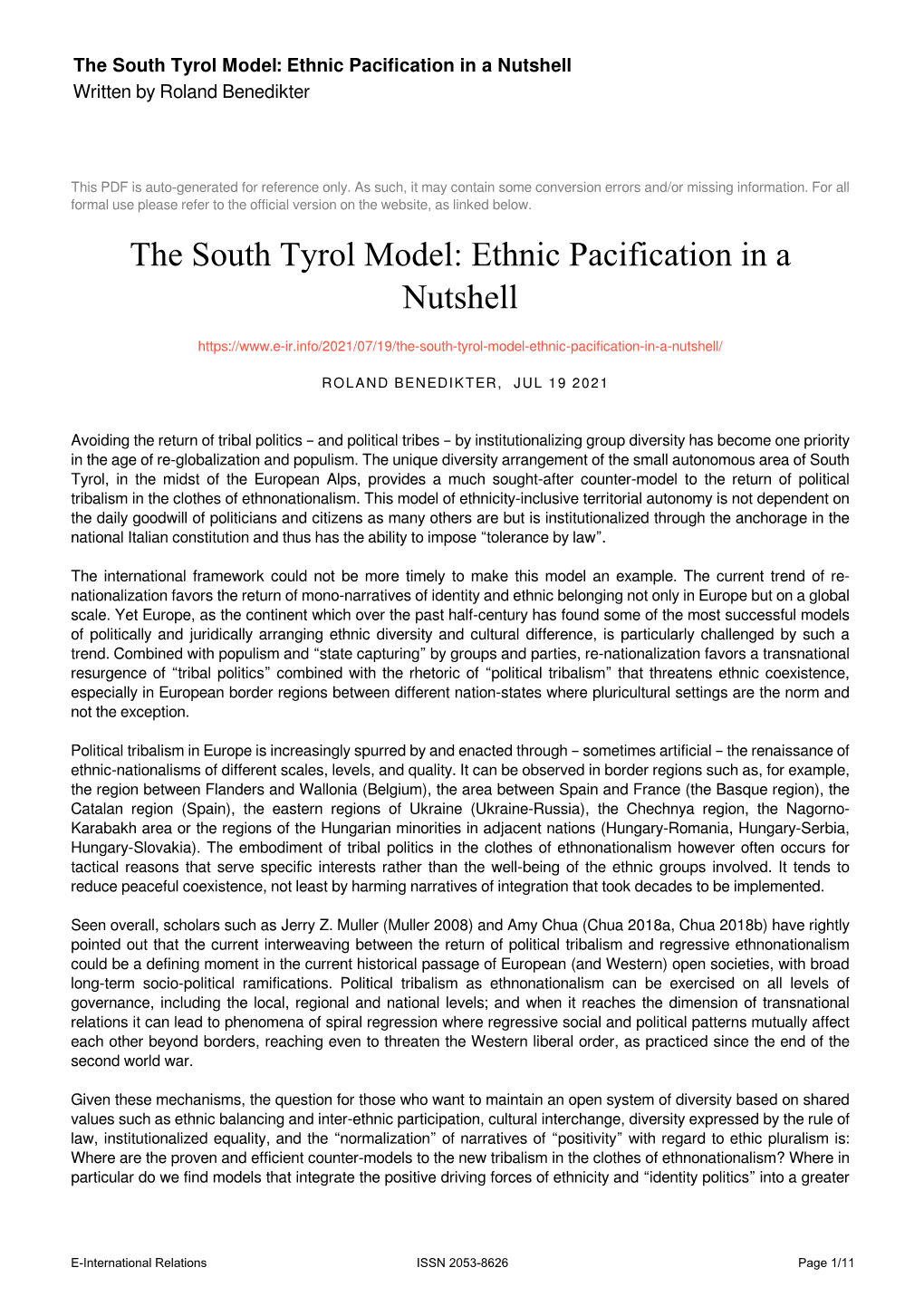 The South Tyrol Model: Ethnic Pacification in a Nutshell Written by Roland Benedikter